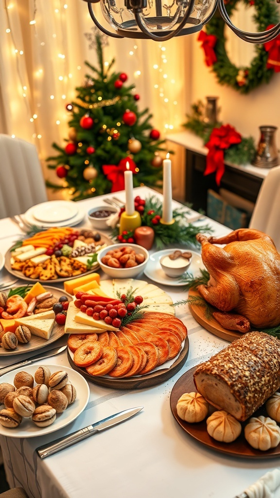 A festive Christmas party table with takeout food including shrimp cocktail, cheese platter, roasted turkey, and holiday desserts.